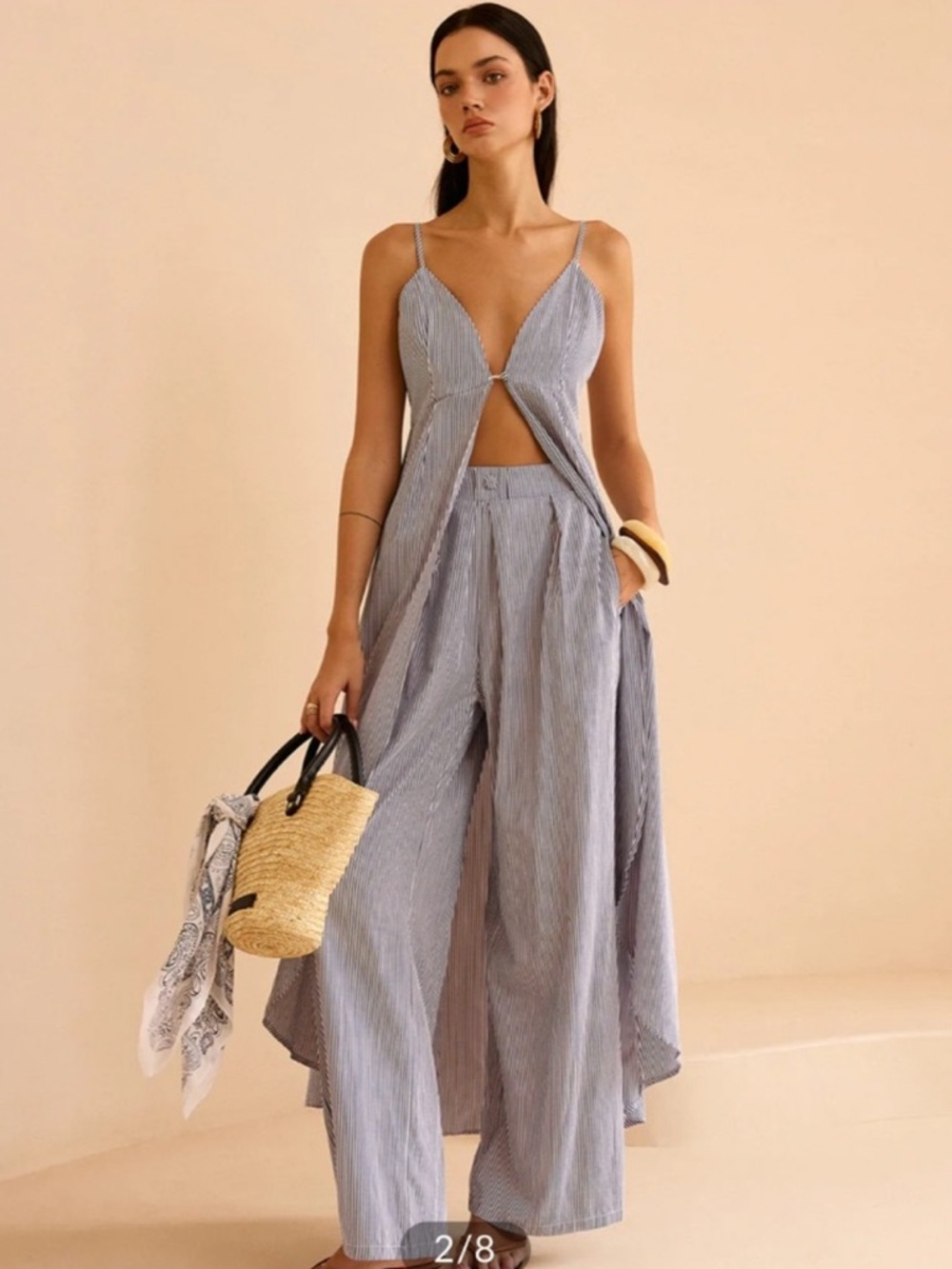 NWT COMMENSE STRIPED LONG CAMI TOP WITH WIDE LEG PANTS SET